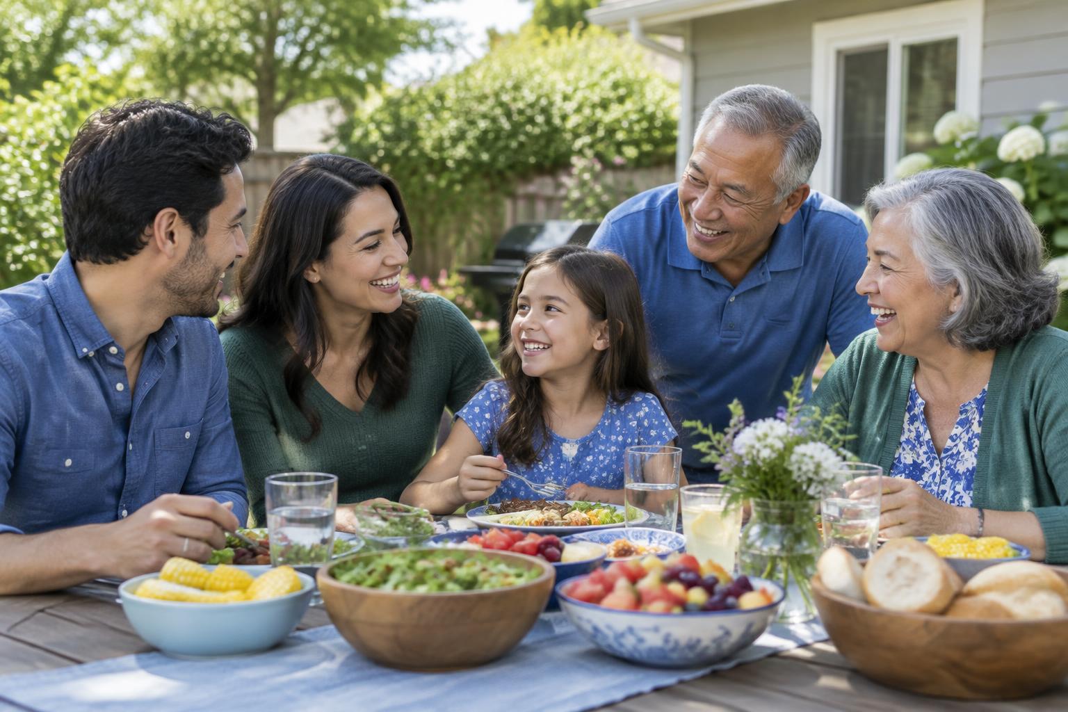 Parents, a child, and grandparents enjoying a family lunch outdoors.