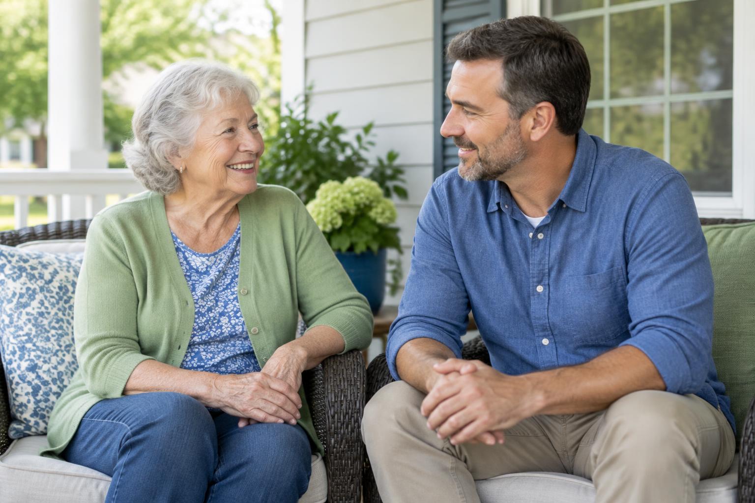 An older woman enjoying a conversation with her adult son on the porch.