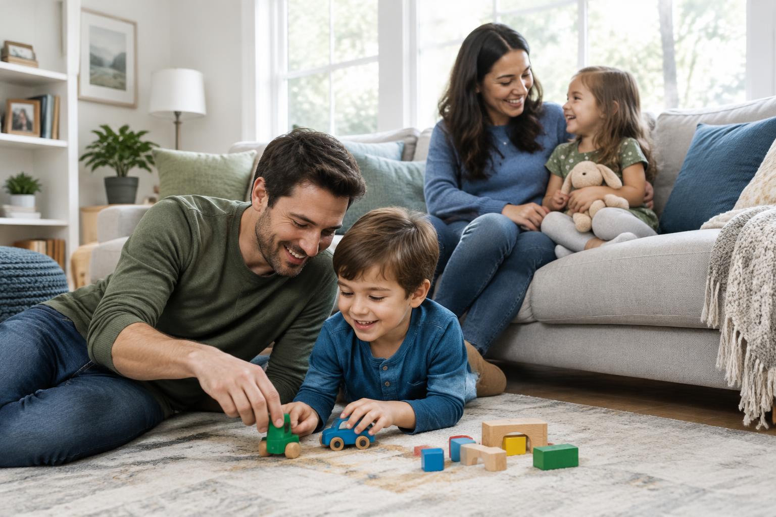 Parents spending time with their young children at home.