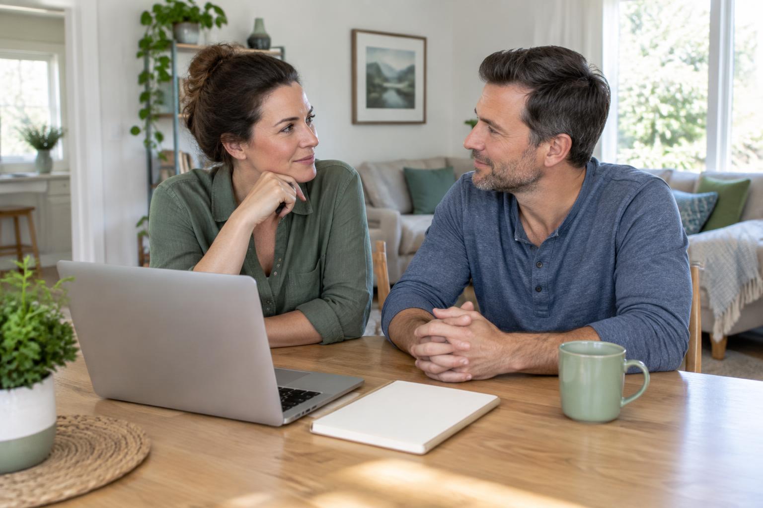 A couple discussing household plans together at home.
