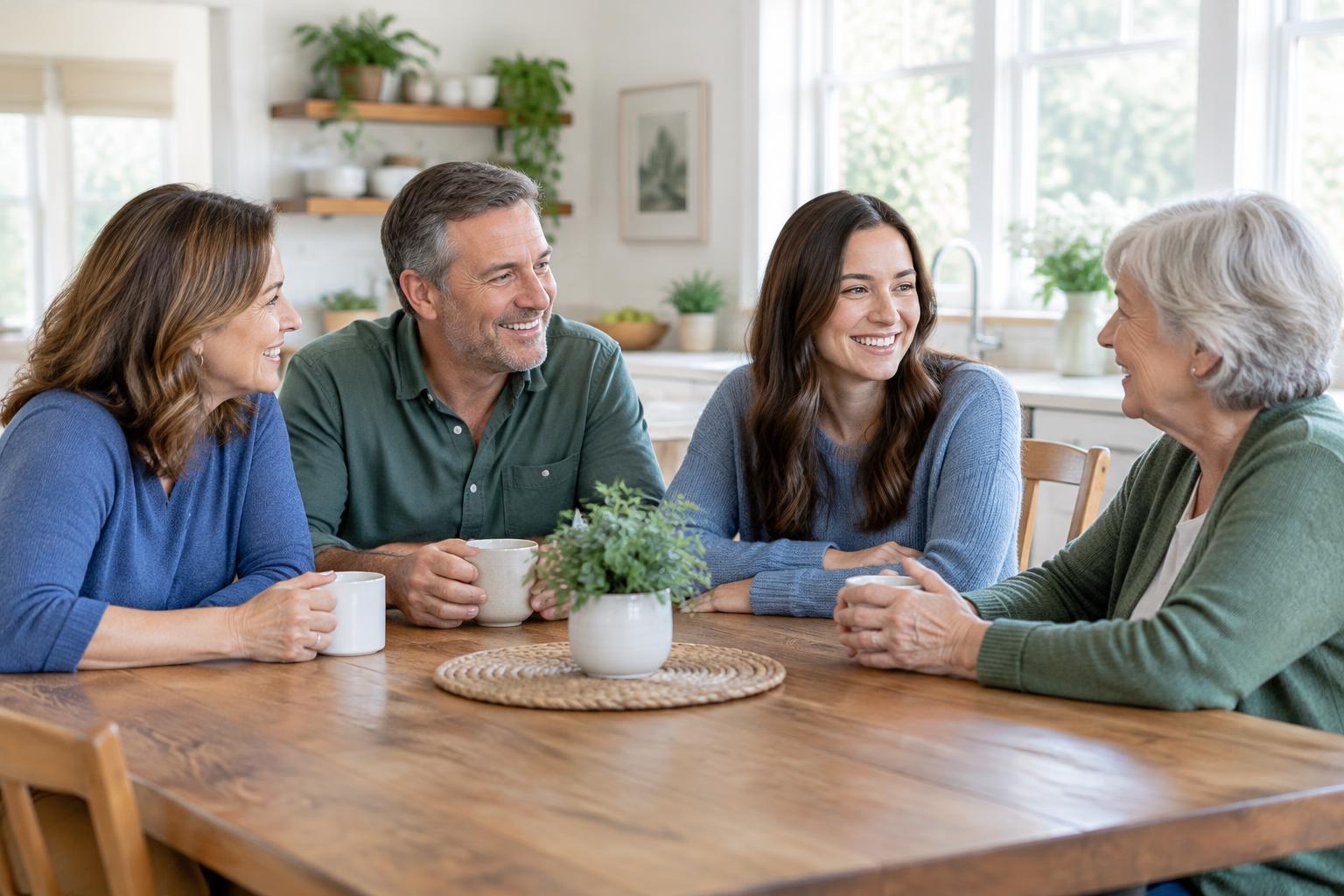 Three generations of a family sharing a conversation around the kitchen table.