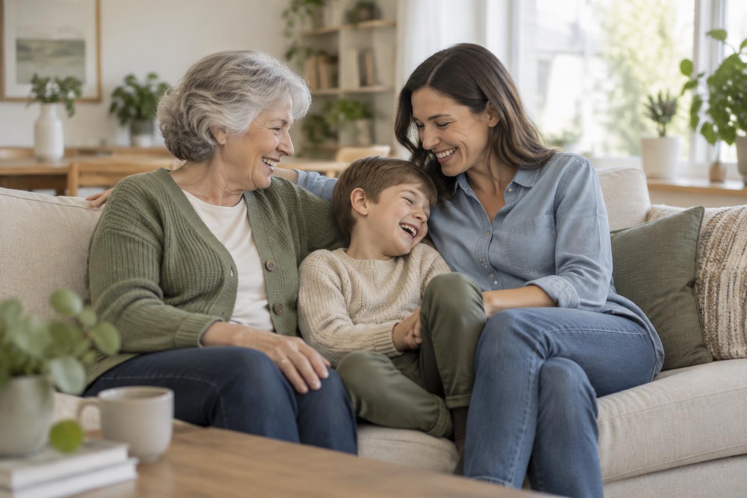 A grandmother, mother and young boy relaxing together on a sofa at home.